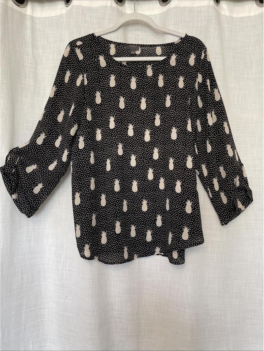 Black Cream Stylish Whimsical Pineapple 3-4 Sleeve Blouse By Mix Sz Lg